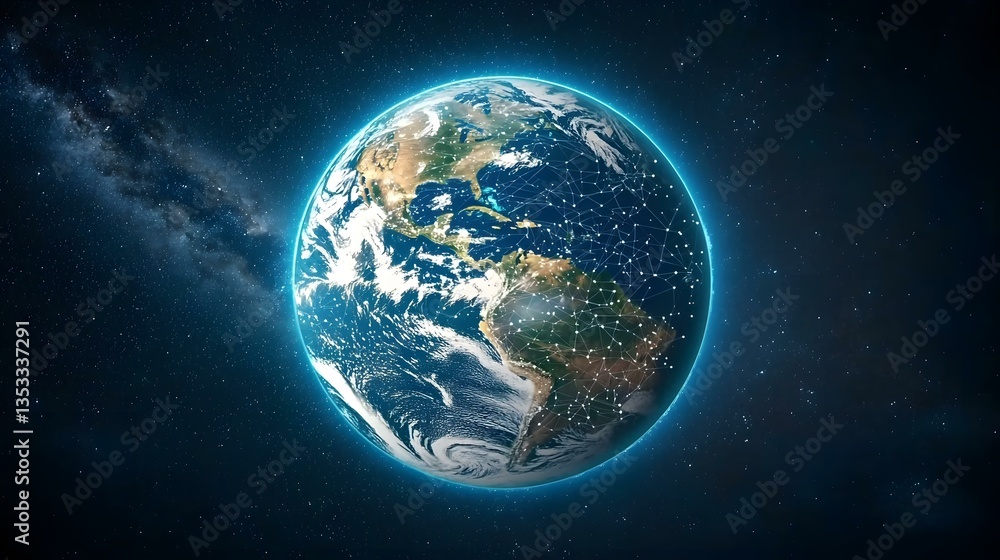 The image shows a detailed rendering of planet Earth, centered on the Americas, set against a backdrop of stars and the Milky Way. A network of glowing lines connects various points across the surfa The image shows a detailed rendering of planet Earth, centered on the Americas, set against a backdrop of stars and the Milky Way. A network of glowing lines connects various points across the surfa