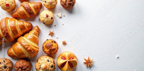 Assortment of freshly baked pastries on a clean white plaster background, croissants, muffins, cookies, sweets, baked goods, bakery