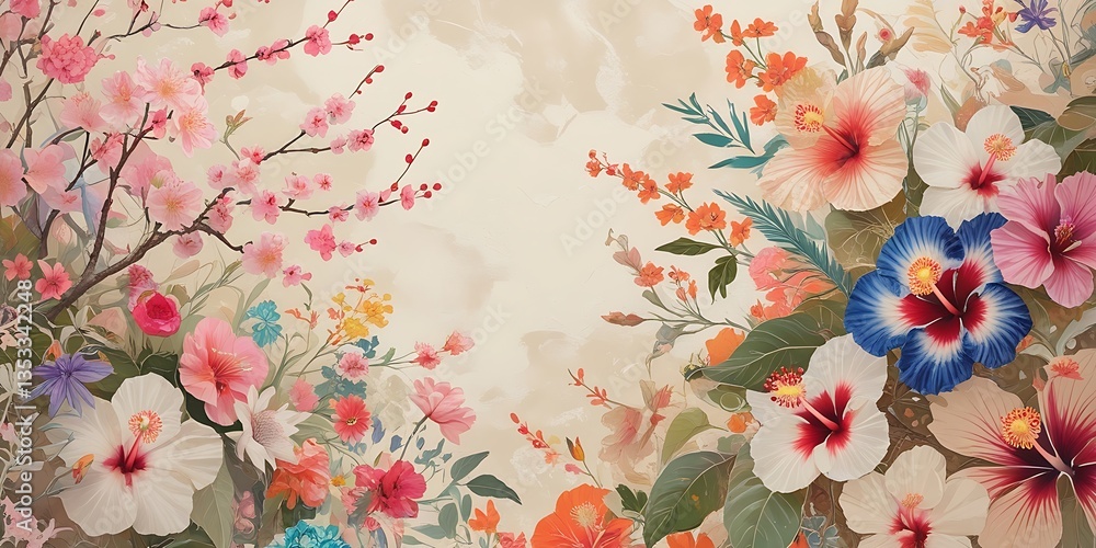 Seamless background of exotic floral , flower seamless pattern with flat style for mockup, fabric, fashion, wallpaper, textile isolated on white background