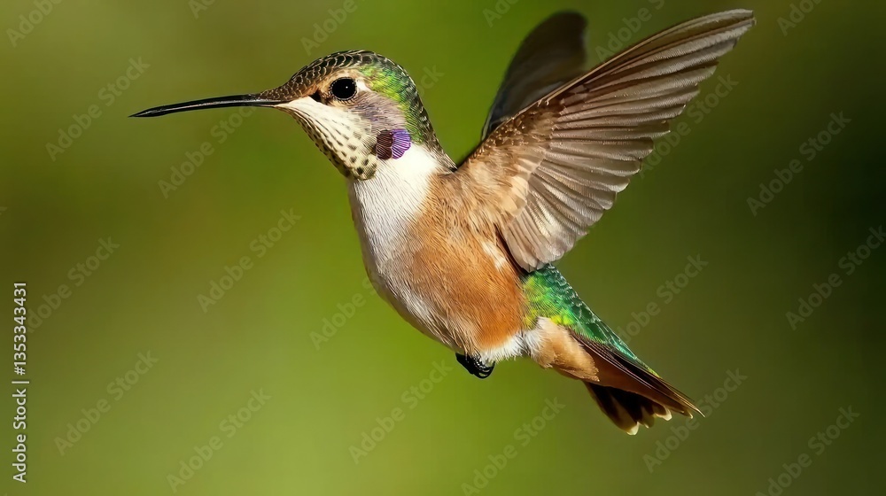 A close-up of a hummingbird hovering near colorful blossoms.