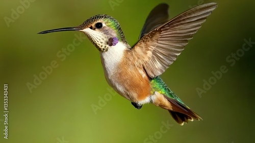 Obraz na płótnie A close-up of a hummingbird hovering near colorful blossoms. w salonie