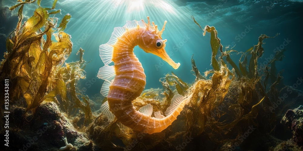 Seahorse in Ocean with Plastic Garbage Pollution Problem Seahorse in Ocean with Plastic Garbage Pollution Problem