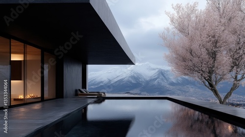 Modern home with mountain views and infinity pool.  Large, dark exterior, panoramic vista of snow-capped mountains, elegant landscaping, tranquil atmosphere