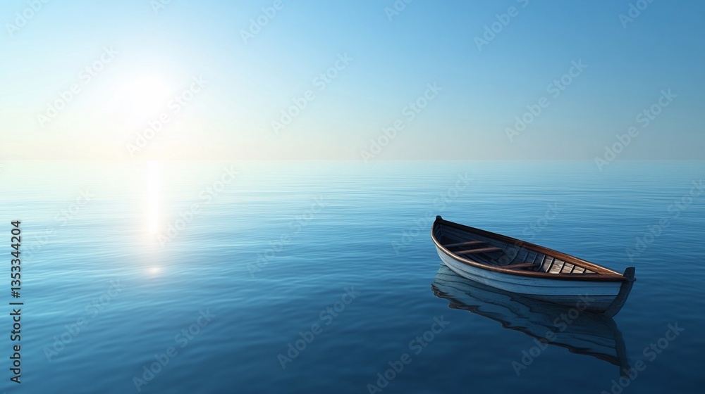 Fototapeta premium A solitary boat floats peacefully on a calm sea under a bright sky
