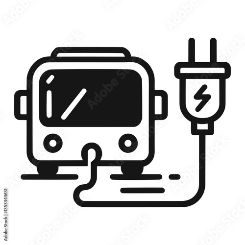 Minimalist vector illustration of an electric public bus connected to a power plug for charging. Green energy concept