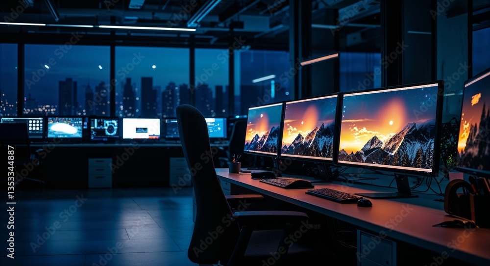 Naklejka premium Night view of hightech office with illuminated monitors and dark surroundings