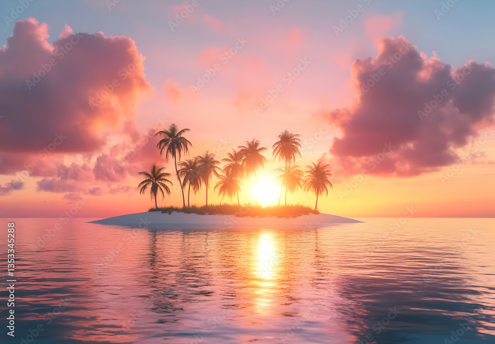 Tropical Island Sunset with Palm Trees and Calm Blue Waters Tropical Island Sunset with Palm Trees and Calm Blue Waters