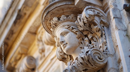 A close-up of the intricate carvings on a historical monument