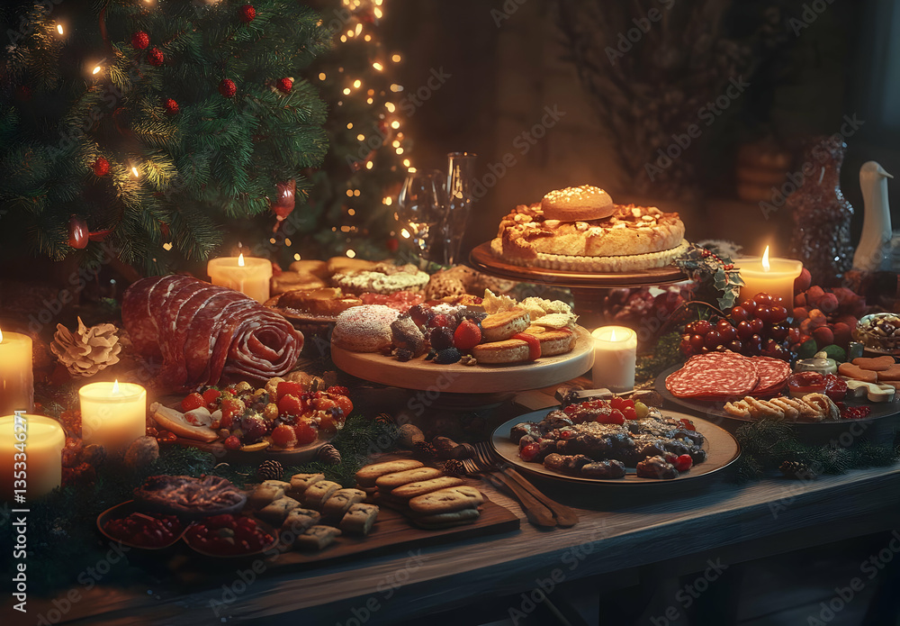 Beautifully Arranged Christmas Feast with an Array of Delicacies Beautifully Arranged Christmas Feast with an Array of Delicacies