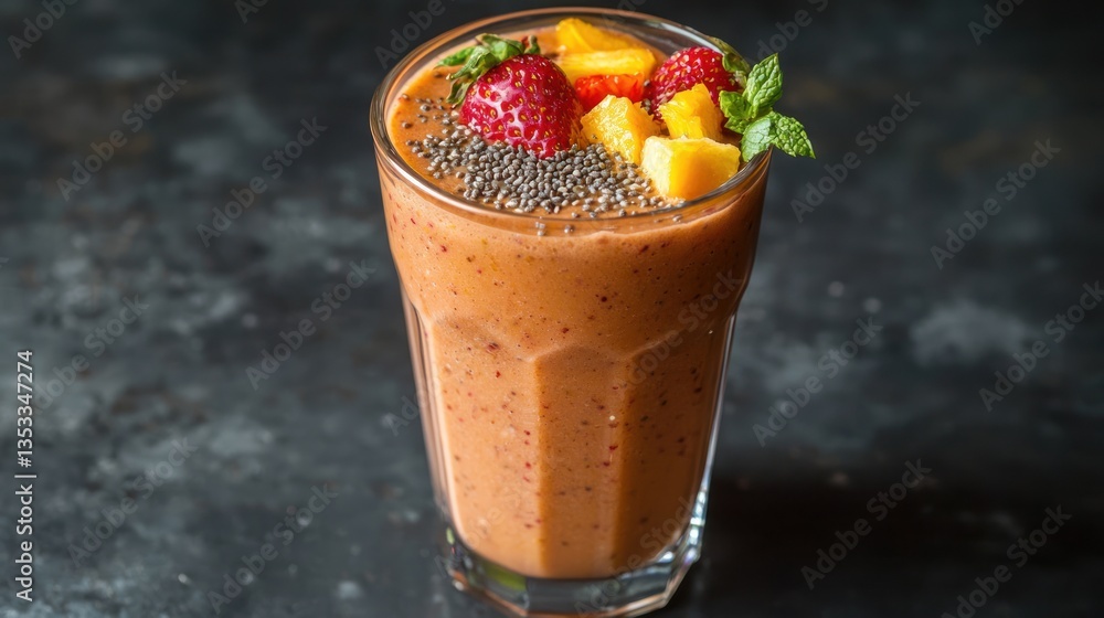 A colorful healthy smoothie in a glass, topped with fresh fruit and seeds