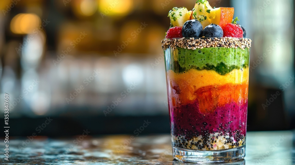 A colorful healthy smoothie in a glass, topped with fresh fruit and seeds