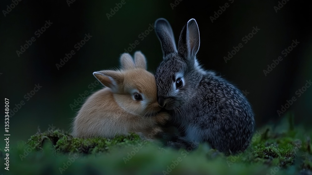 Fototapeta premium Two adorable baby rabbits cuddling in a mossy forest