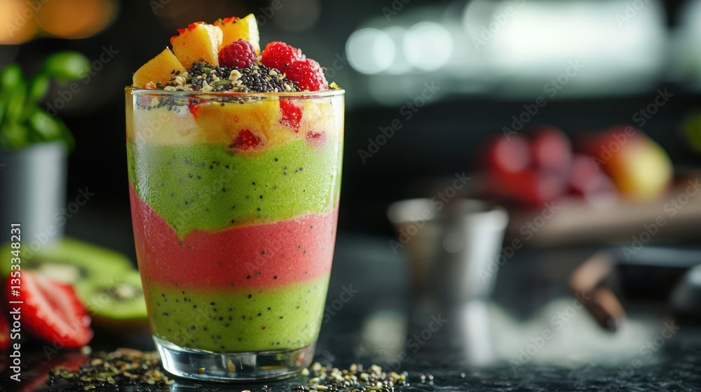 A colorful healthy smoothie in a glass, topped with fresh fruit and seeds