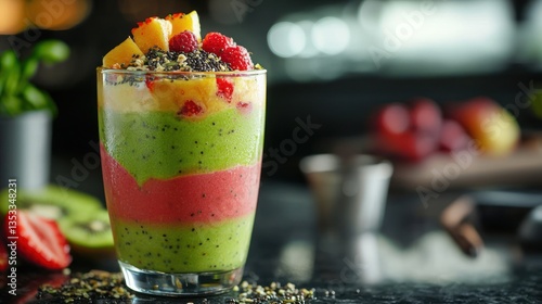 Obraz na płótnie A colorful healthy smoothie in a glass, topped with fresh fruit and seeds w salonie