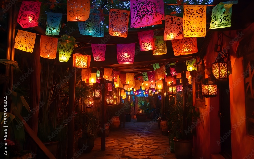 Obraz premium A vibrant night scene illuminated by colorful papel picado banners and lanterns, creating a festive atmosphere