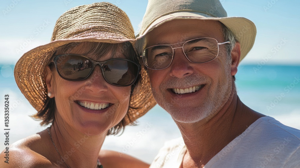 A couple smiling and enjoying a sunny day at the beach