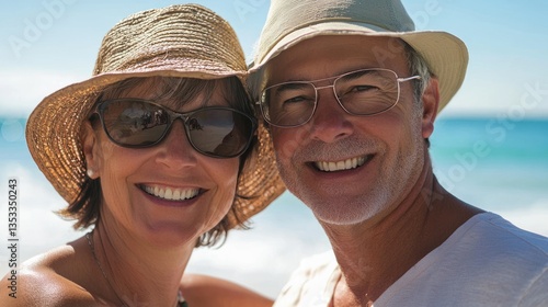 Obraz na płótnie A couple smiling and enjoying a sunny day at the beach w salonie