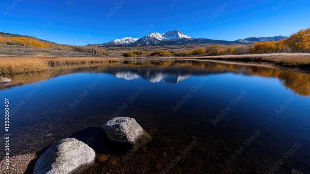 Fototapeta premium Serene mountain lake reflecting peaks in autumn. \