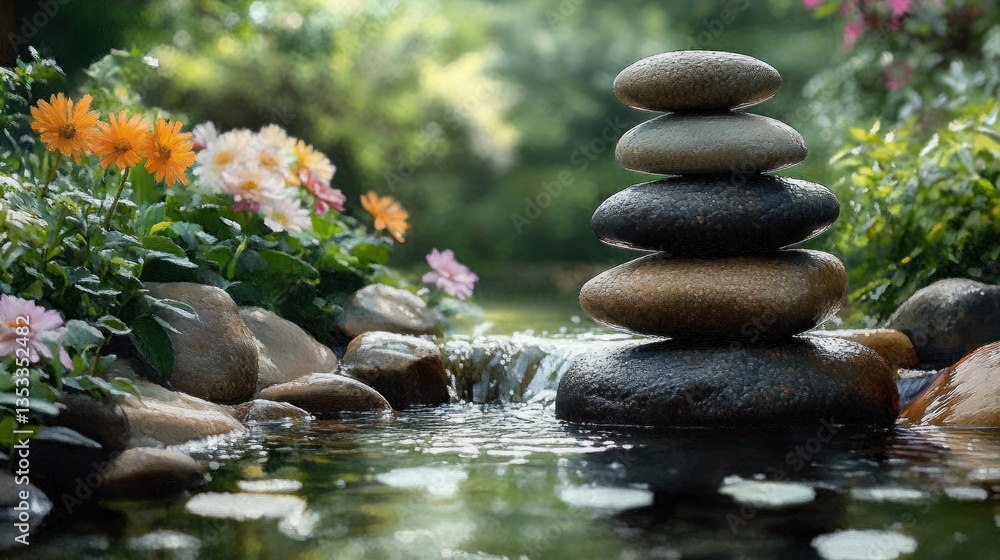 Zen Garden Scene with Balanced Stacked Stones and Gentle Stream Zen Garden Scene with Balanced Stacked Stones and Gentle Stream