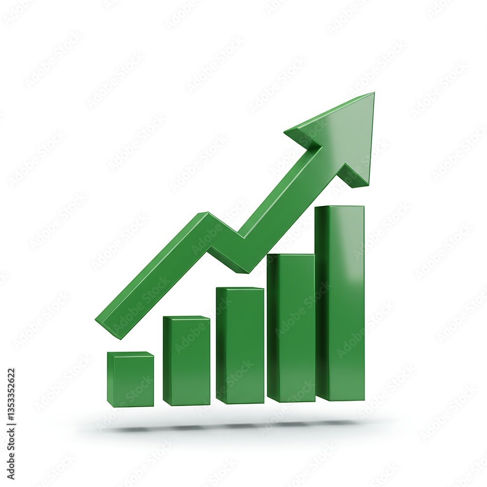 Green financial growth chart arrow trending upward on white backdrop, good for business design Green financial growth chart arrow trending upward on white backdrop, good for business design