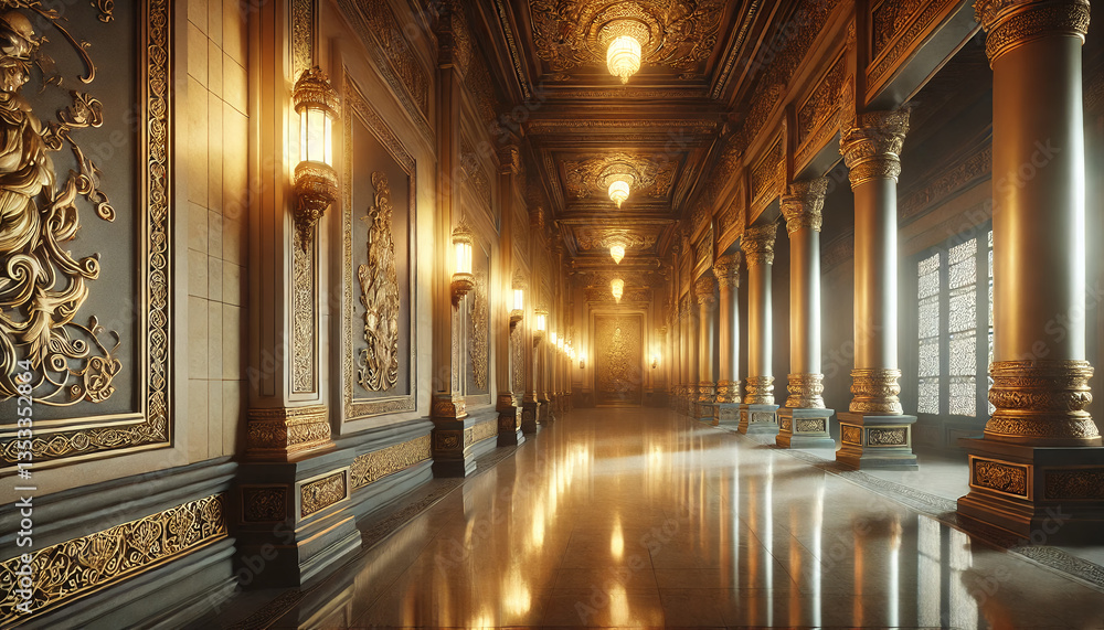 Obraz premium 中世ヨーロッパ風・神殿内の廊下