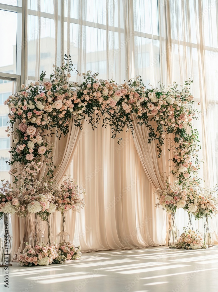 An Elegant Wedding Ceremony Setup Featuring Beautiful Floral Decorations An Elegant Wedding Ceremony Setup Featuring Beautiful Floral Decorations