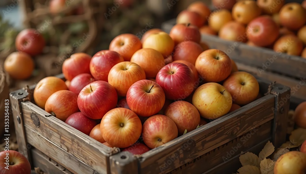 Fresh and Bright Apples in Rustic Wooden Crates on a Farm Stand Surrounded by Autumn Leaves and Produce Fresh and Bright Apples in Rustic Wooden Crates on a Farm Stand Surrounded by Autumn Leaves and Produce