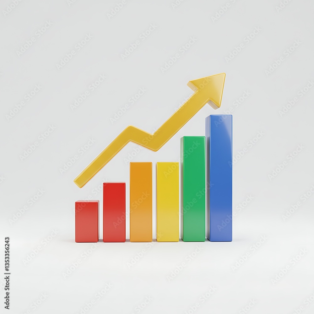 Colorful bar graph showing upward trend with arrow, financial success concept Colorful bar graph showing upward trend with arrow, financial success concept