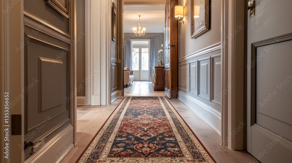 A hallway with a stylish runner rug, leading to different rooms in a house