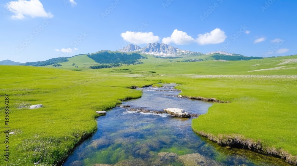 Mountain stream flows through lush green valley under a vibrant sky Mountain stream flows through lush green valley under a vibrant sky