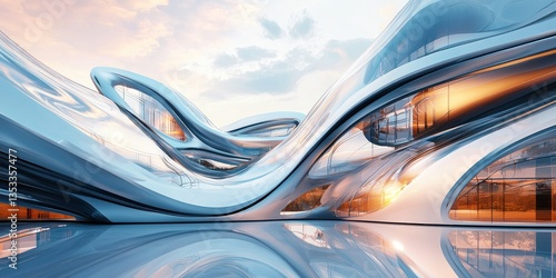 A conceptual design of futuristic architecture with fluid, organic shapes and glass-like surfaces photo