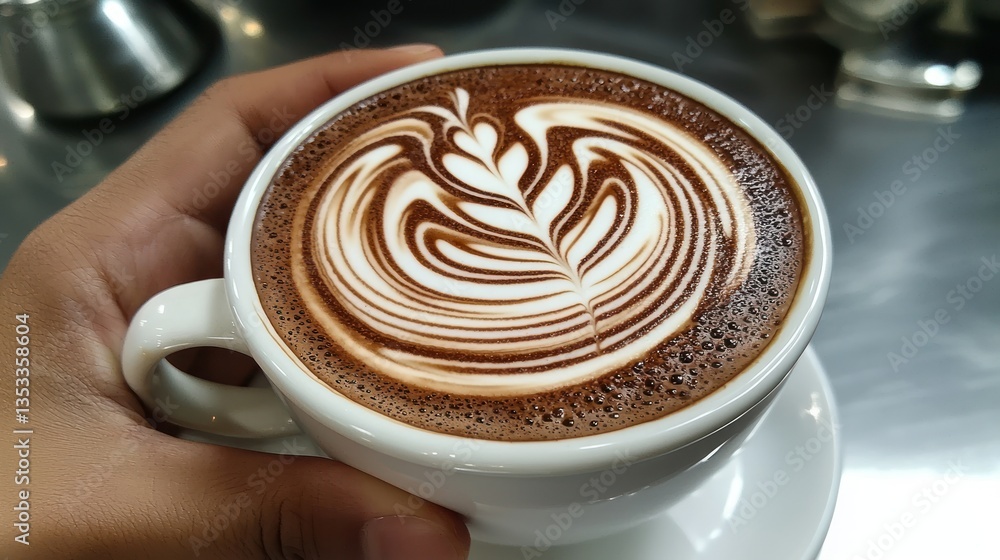 A hand holding a hot coffee cup with latte art on top