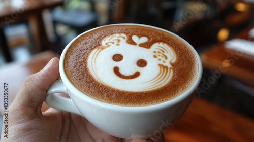 Obraz na płótnie A hand holding a hot coffee cup with latte art on top w salonie