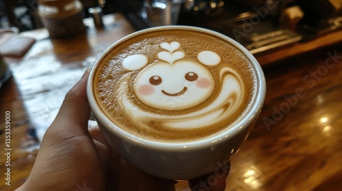 Obraz na płótnie A hand holding a hot coffee cup with latte art on top w salonie