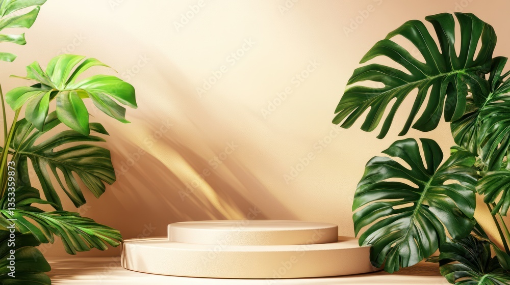 Fototapeta premium Beige Product Display with Tropical Plants
