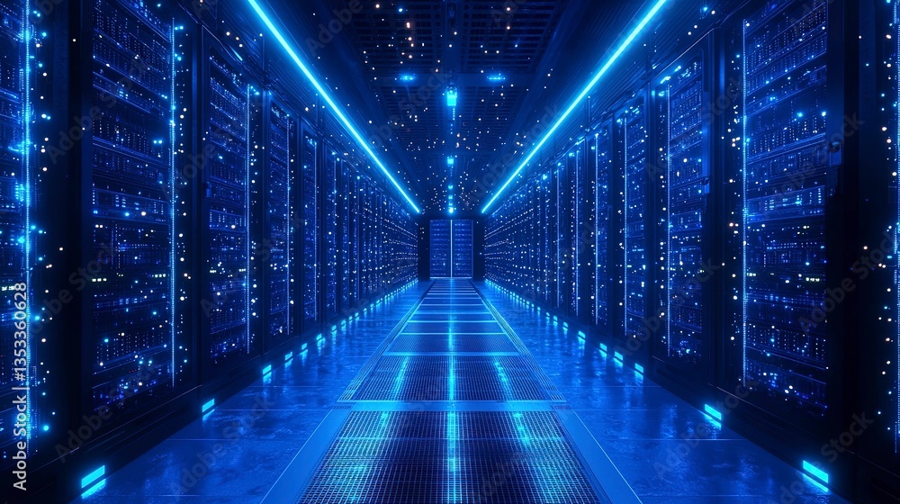 Futuristic hallway with rows of computer servers and glowing lights Futuristic hallway with rows of computer servers and glowing lights