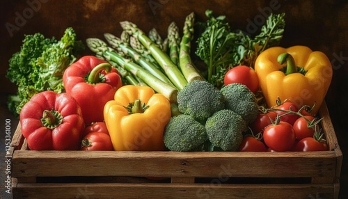 Vibrant Fresh Vegetables in Rustic Wooden Crate