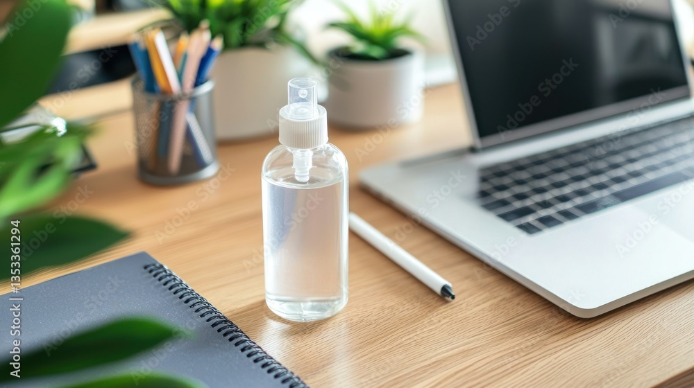 A hand sanitizer bottle placed on a desk beside a laptop and a notebook
