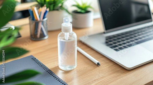 Obraz na płótnie A hand sanitizer bottle placed on a desk beside a laptop and a notebook w salonie