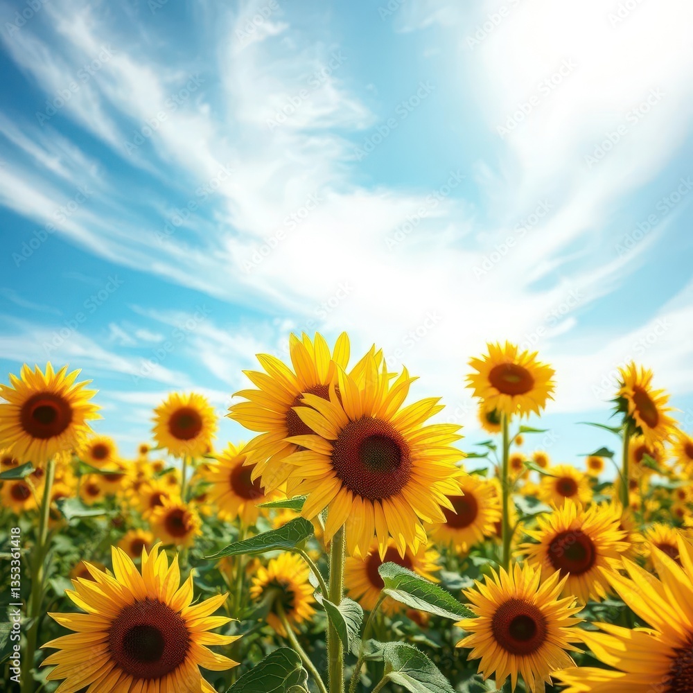 Naklejka premium Vast sunflower field under a brilliant blue sky, golden blossoms swaying gently, countryside, sunshine