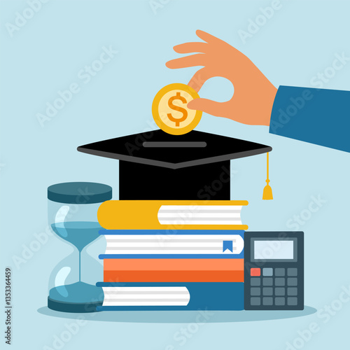 Graduation cost, expensive education, scholarship loan budget, education savings and investment concept. Stack of books, dollar coins, calculator and graduation hat in flat design.