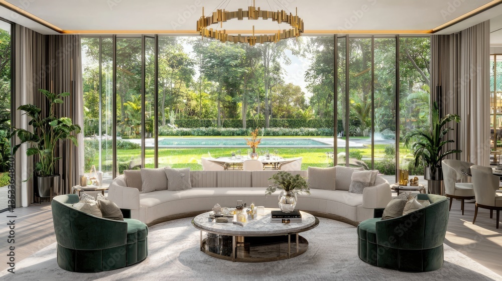 Fototapeta premium Elegant modern living room in neutral hues surrounded by nature hyperrealistic design bright environment