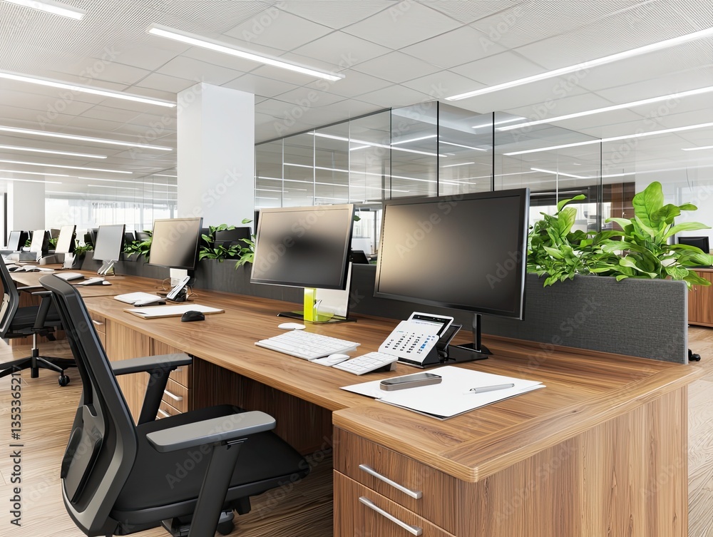 Fototapeta premium Modern open office design with glass enclosures for collaboration in urban environment