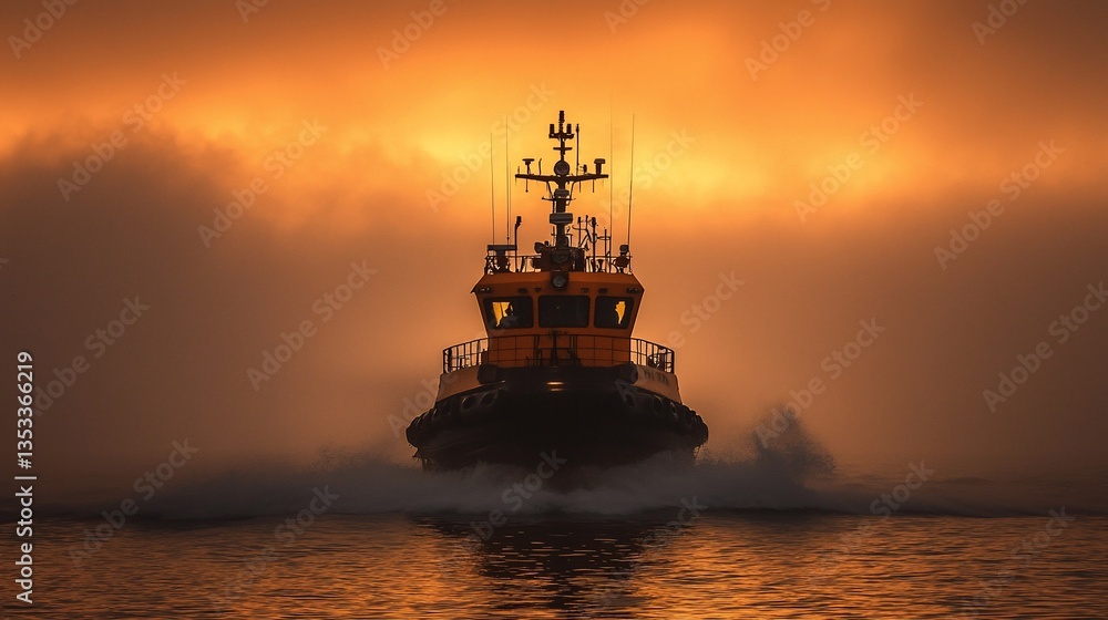 Obraz premium Tugboat sailing through fog at sunset.
