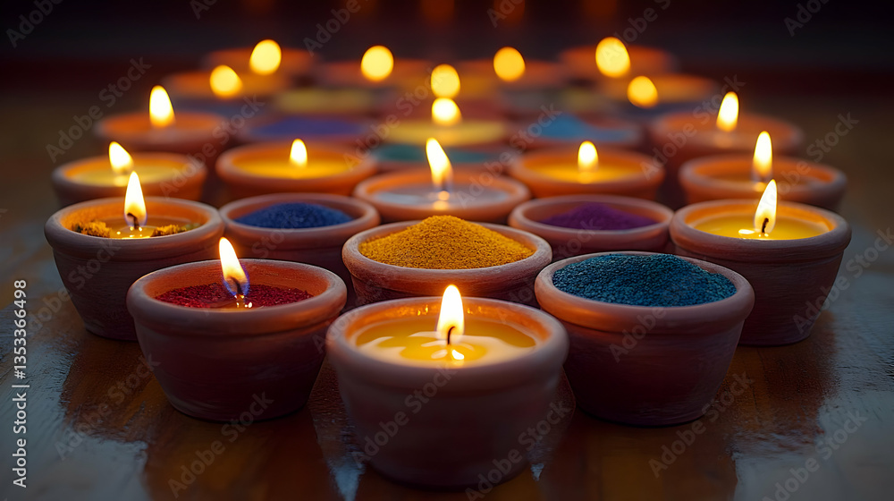 Colorful Candles In Terracotta Bowls Arranged In Circle Colorful Candles In Terracotta Bowls Arranged In Circle