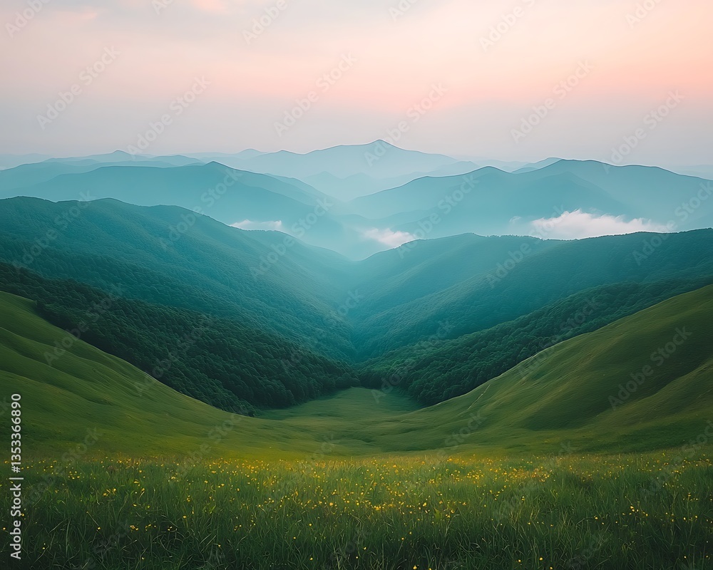 Fototapeta premium Misty Mountain Valley Sunset.