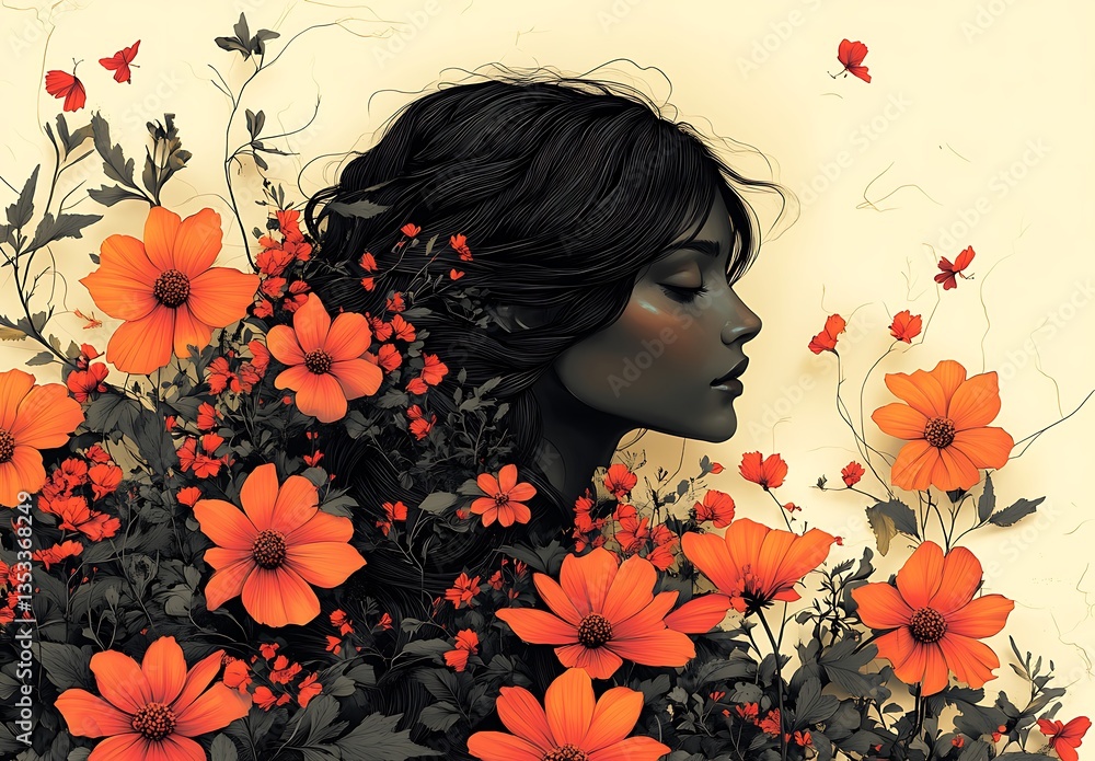 Silhouette Surrounded by Orange Flowers and Butterflies Silhouette Surrounded by Orange Flowers and Butterflies