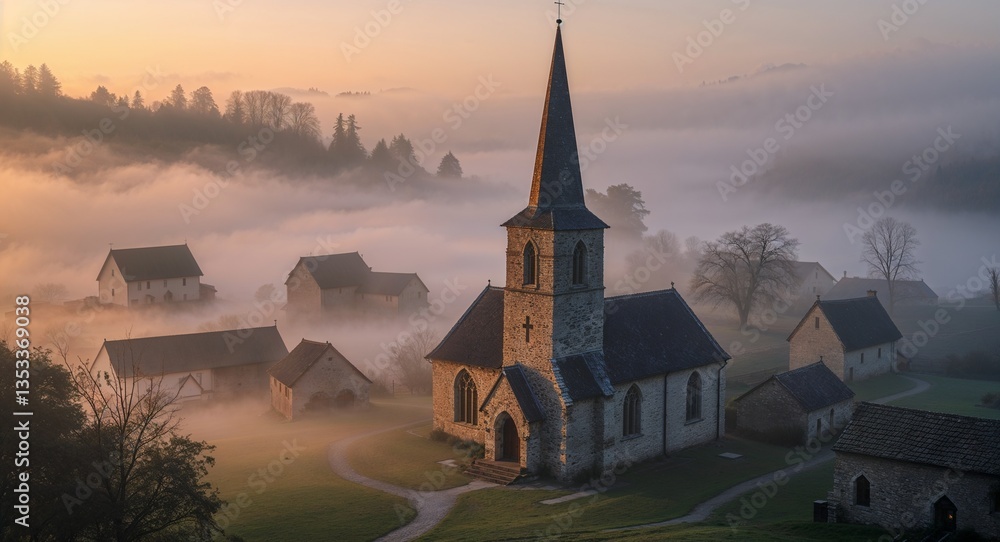 Fototapeta premium Stone church with tall steeple surrounded by foggy medieval village at sunrise