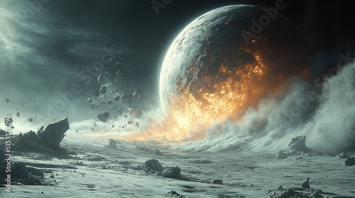 Fototapeta Naklejka Na Ścianę i Meble -  Epic space scene of a planet on the verge of destruction, with glowing lava fissures and floating debris. A desolate, rocky surface under a cosmic backdrop creates a dramatic sci-fi atmosphere.