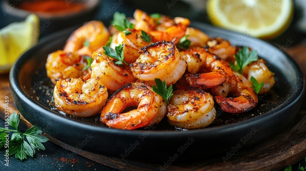Grilled Shrimp with Lemon and Herbs on Rustic Black Plate Grilled Shrimp with Lemon and Herbs on Rustic Black Plate